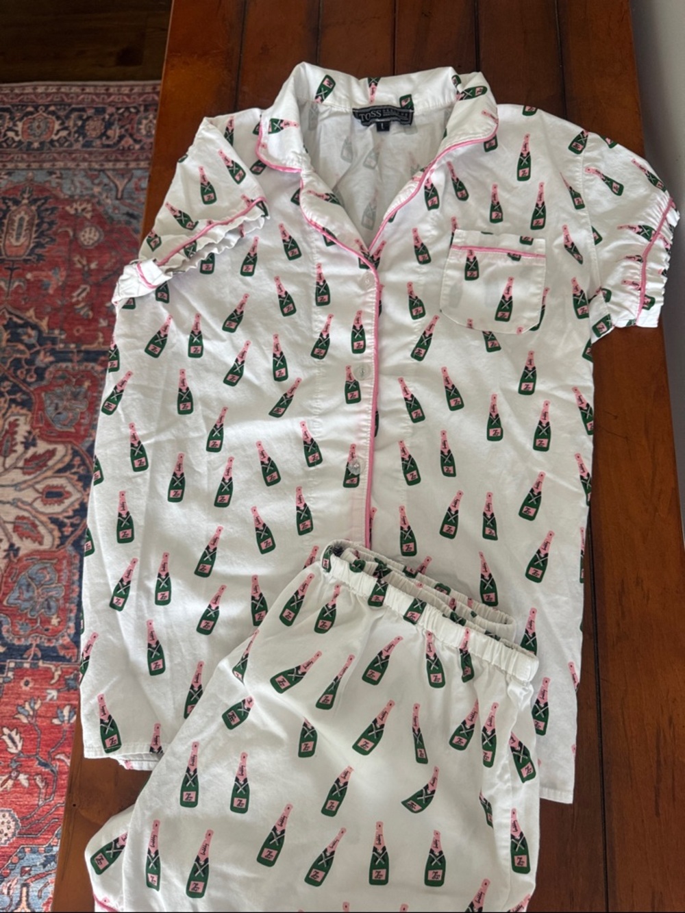 Toss Designs Champagne Bottle Pajama Set - White with Green & Pink Print